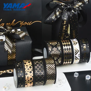 

YAMA 10yards/roll Gold Foil Printed Black Ribbon 16 22 25 38 mm Noble Satin Ribbons for Gift Packaging Decoration DIY Craft