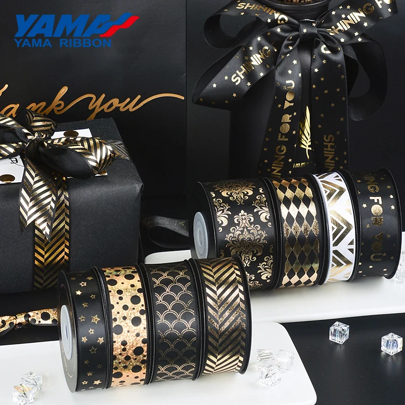 YAMA 금박 인쇄 블랙 리본, 고귀한 새틴 리본, 선물 포장 장식, DIY 공예, 롤 당 10 야드, 16mm, 22mm, 25mm, 38 mm