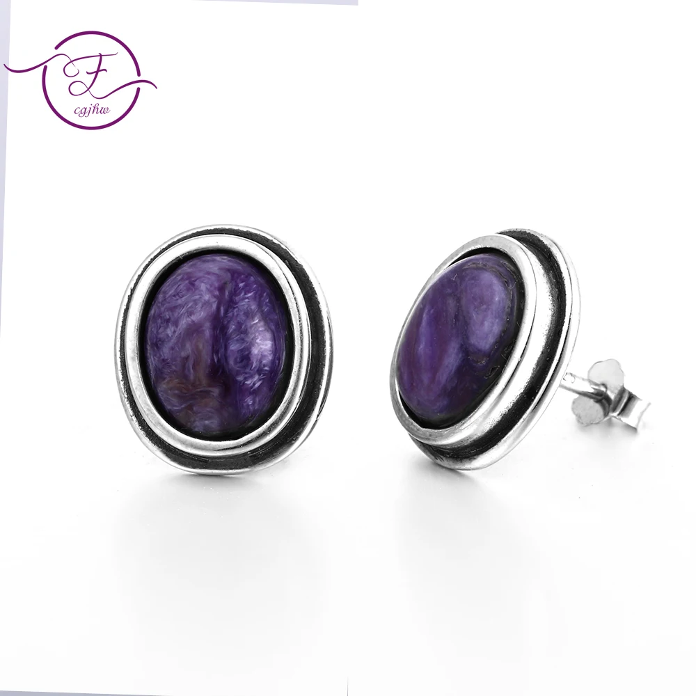 

8x10MM Charoite 925 Sterling Silver Stud Earring For Women Vintage Jewelry Engagement Party Anniversary Gift