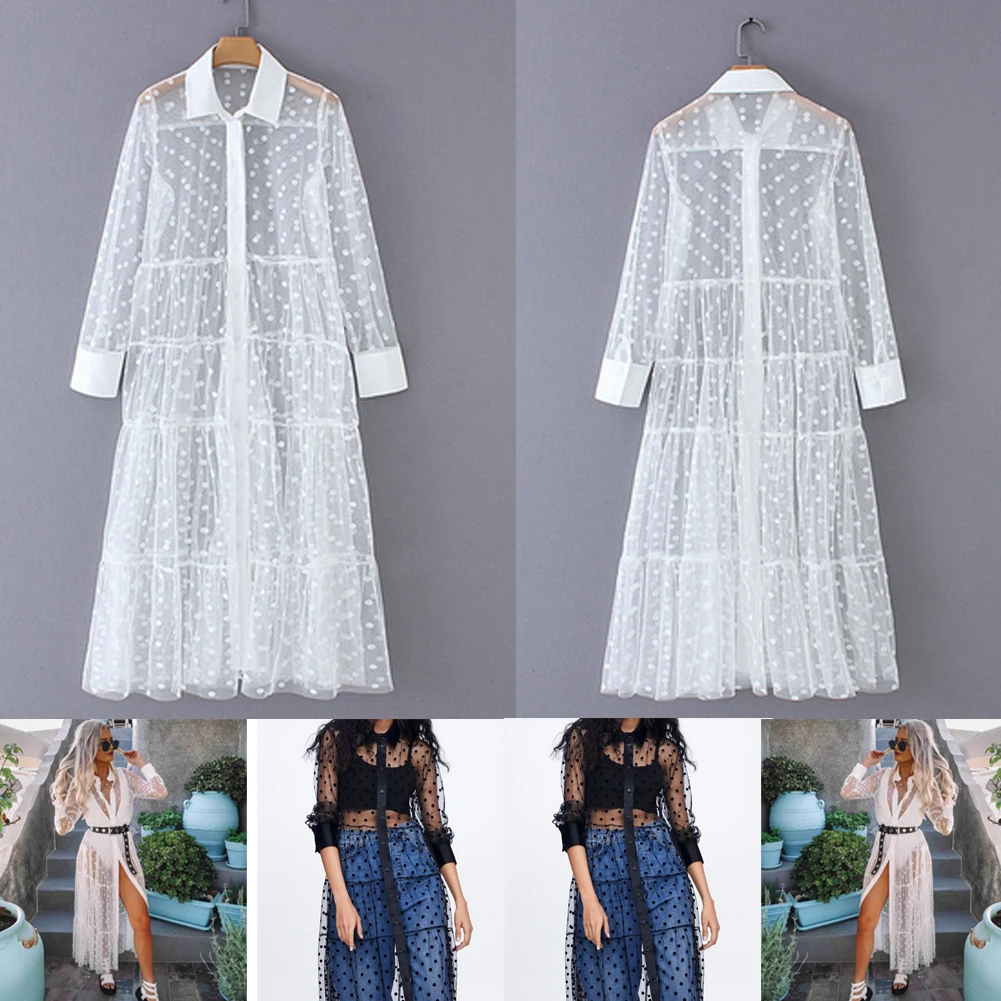 Women Summer Boho Cover Up Mesh Polka Dot Long Maxi Dress Long Sleeve Shirt Dress Party Beach Dresses Not Open Up to Bottom