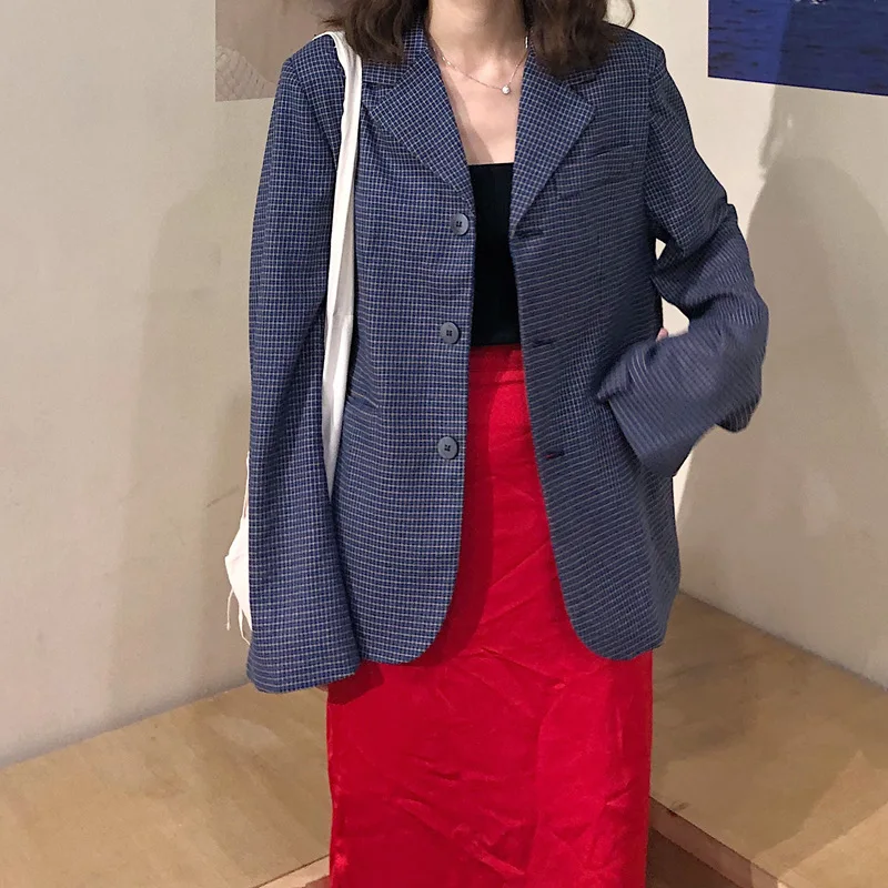 Autumn Vintage Blue Check Sense of Design Small Suit Slit Loose-Fit Leisure Suit Coat Tops WOMEN'S Dress