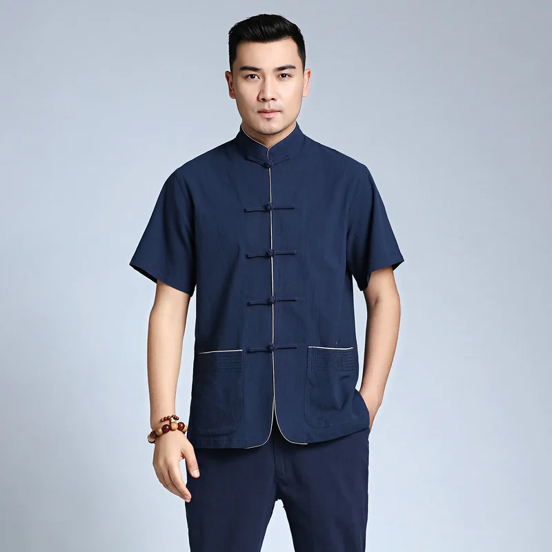 Chinese-style Chinese Style Cotton Linen Chinese Costume MEN'S Short Sleeve Shirt 2724-3 Tops Middle-aged Half Sleeve Shirt/Set