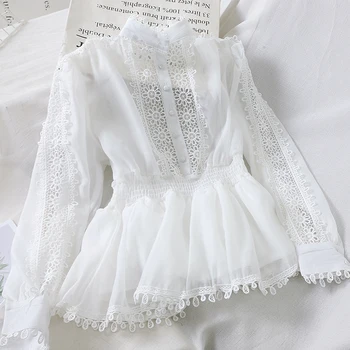 

White Ruffles Lace Chiffon Mesh Elegant Buttons Blouses Shirts Women Summer Casual Hollow Out Fake Two Pieces Transparent Blusa