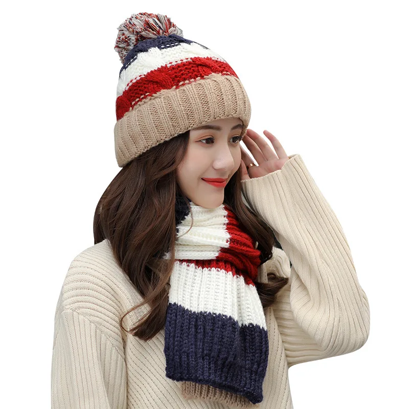 

2019 Winter Hat Scarf Set For Women Girl Warm Beanies Hat For Girl Ring Scarf Pompoms Winter Hats Knitted Caps Scarf 2 Pieces
