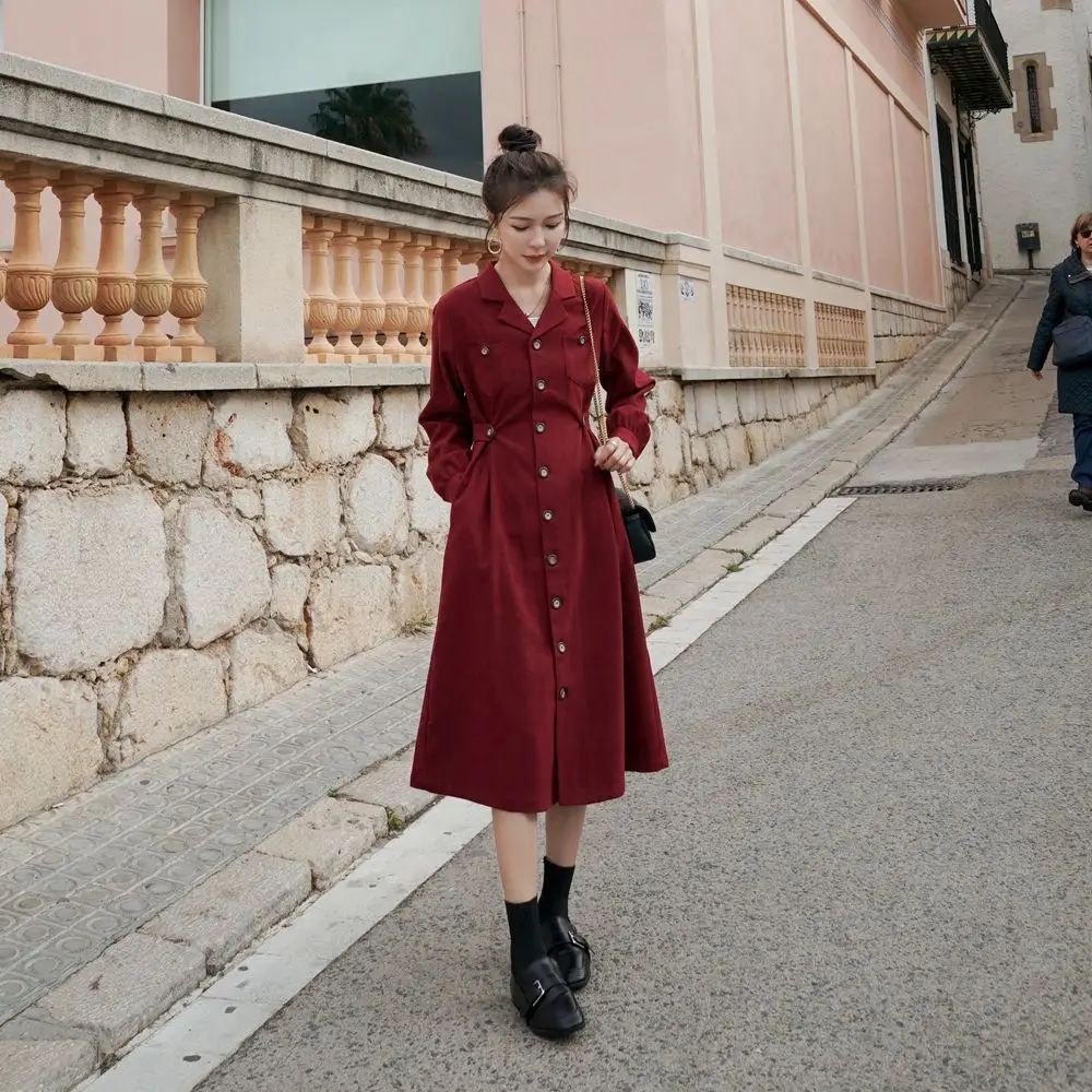 

Photo Shoot Korean-style Suit Collar Single Breasted Shirt Dress 2020 Spring New Style Retro CHIC-Style Waist Hugging Dress Wome