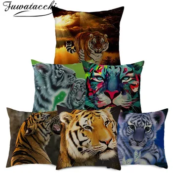 

Fuwatacchi Pure Linen Tiger Cushion Cover Ferocious Animal Photo Printed Pillow Cover for Home Chair Sofa Decorative Pillowcases