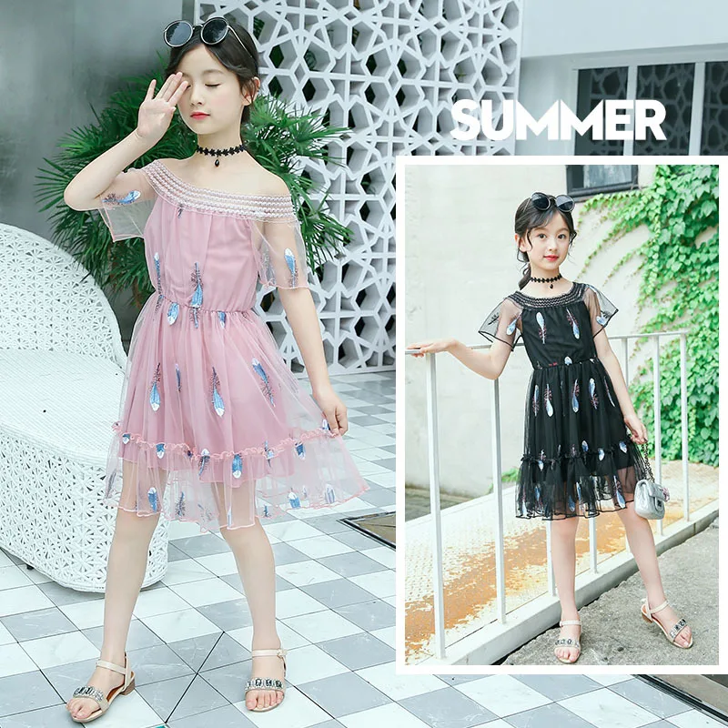 

Girls Dress Children's Network Red Chiffon Princess off-Shoulder Lace Dress off-the-Shoulder Long Skirts Skirt 2019 Summer Wear