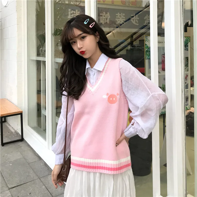Ulzzang Свободный корейский стиль студентов вышитые мягкие девушки колледж жилет свитер вязаный жилет женщин