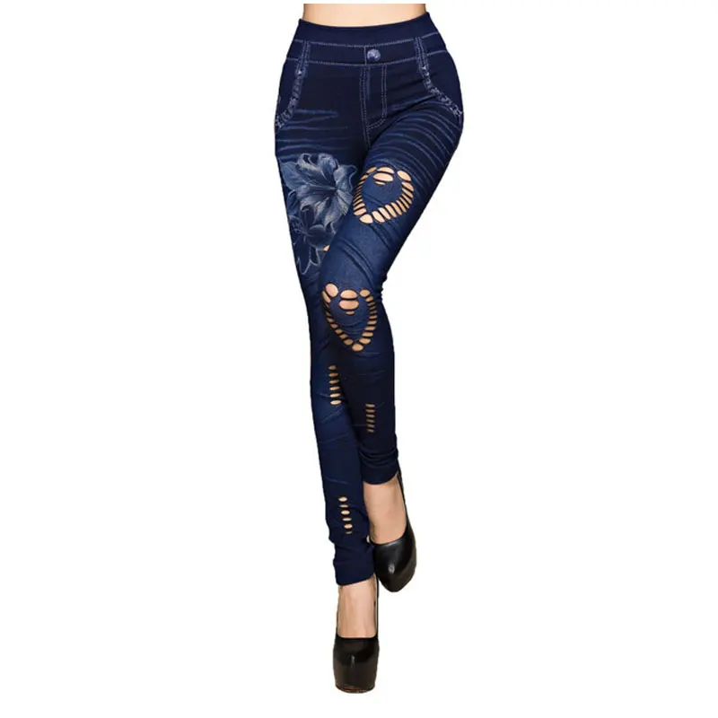 Fashion Slim Women Leggings Faux Denim Jeans Leggings Sexy Hole Heart ...