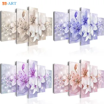 

Blush Pink Lilies Flower Home Canvas Painting Decoration Picture for Living Room Wall Art Framed 5 Panel Purple Blue Brown Decor