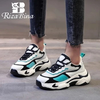 

RIZABINA Real Leather Women Sneaker Fashion High Heel Shoes Women Casual Daily Basic Lady Street Mixed Color Footwear Size 35-40