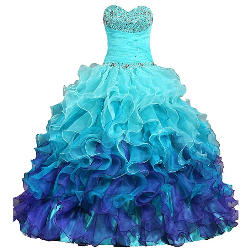 

Turquoise Prom Dresses Sweetheart Organza Beaded Ball Gown Debutante Ruffles Mexican Elegant Quinceanera Dress Sweet 15 16