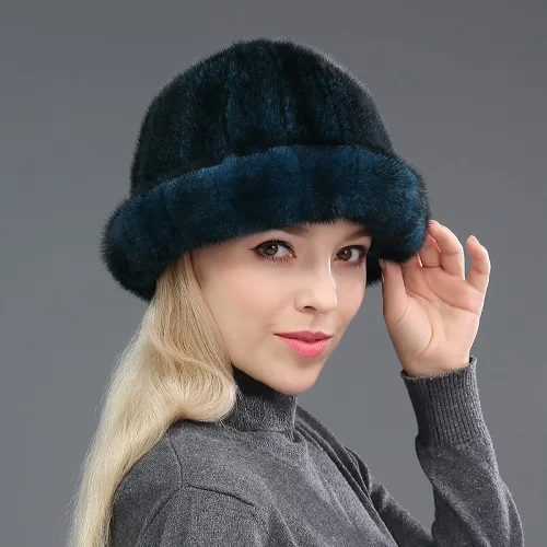 Элегантная женская натуральная полностью из норки меховые шапки женские зимние теплые норковая шапка для дам 8 цветов - Цвет: Blue