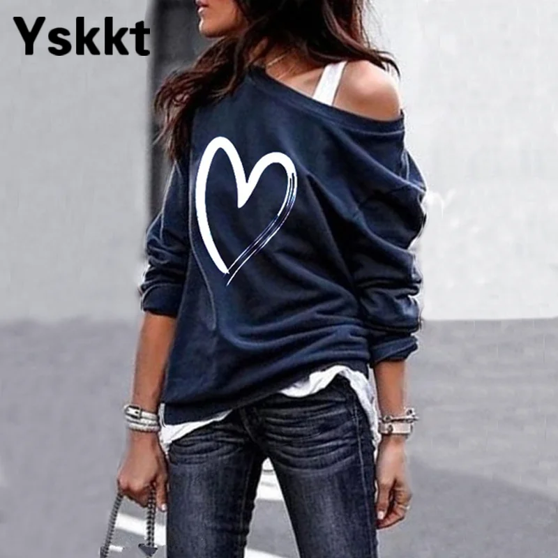 

Yskkt Women's Pullover Sweatshirt Heart Printed Long Sleeve One Shoulder Tops Autumn Winter Sweat Shirts Woman Casual Top