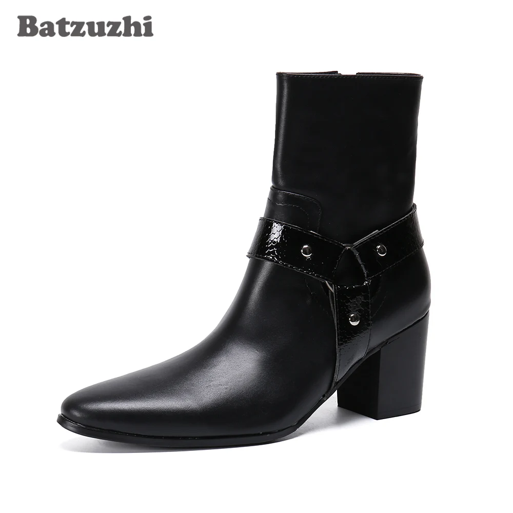 Batzuzhi Men Boots New Black Leather Ankle Boots Men 7.5cm High Heels