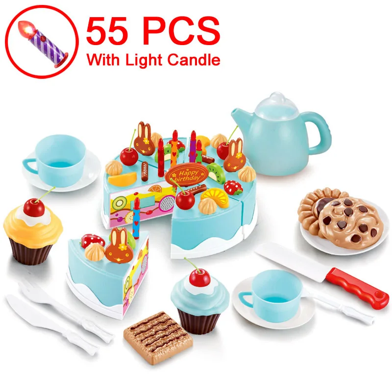 DIY 37-80 шт торт игрушка еда кухня ролевые игры резка фрукты день рождения игрушки Cocina De Juguete розовый синий для ребенка подарок развивающие - Цвет: 55 Blue Has Candle T