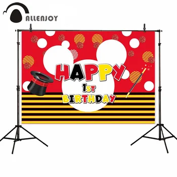 

Allenjoy Mouse Head Background Decor Dot Stripe Magic Hat Glitter Baby Shower Party Backdrop Banner Happy 1st Birthday Wallpaper