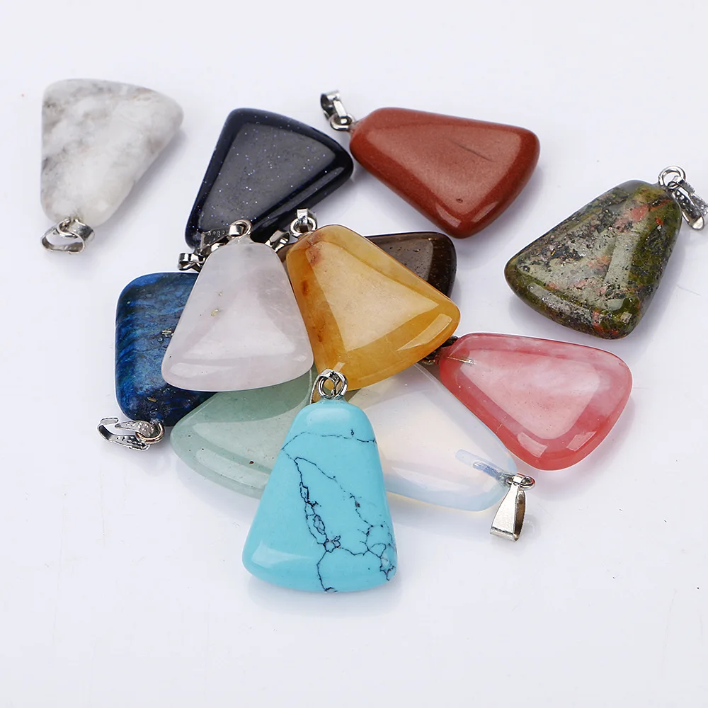 Natural Stone Trapezoid Opal Tiger's Eye Pink Quartz Crystal Chakra Reiki Healing Pendulum Necklace