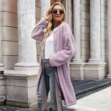 

Purple Furry Blends Woolen Coats Women O-Neck Bow Bandage Long Cardigans Autumn Winter Solid Colors Loose Casual Fleece Clothing
