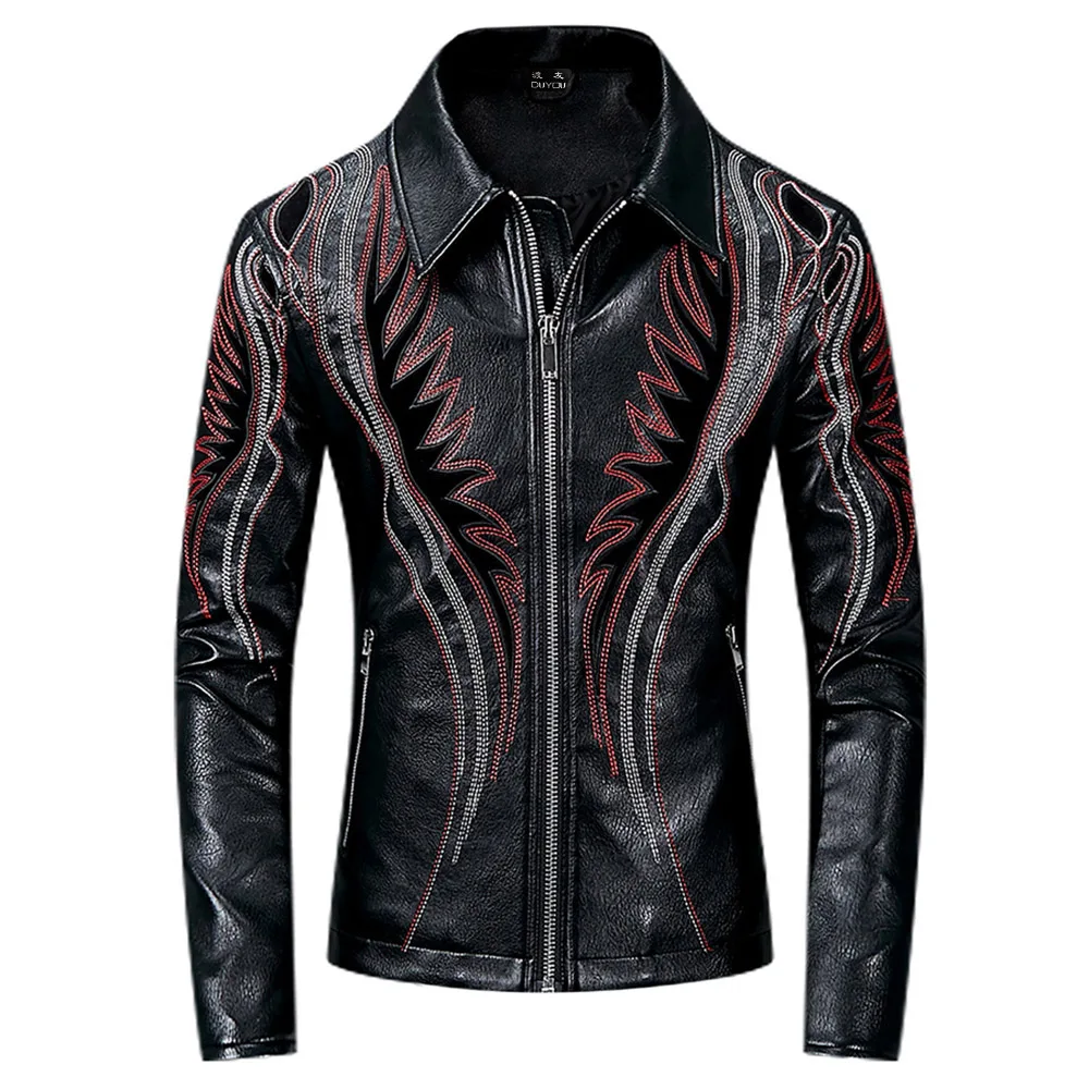 DUYOU/мужские Куртки из искусственной кожи с вышивкой, уличный стиль, отложной воротник, Мужская Уличная одежда с длинным рукавом