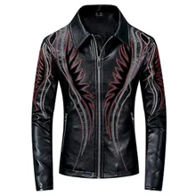 DUYOU/мужские Куртки из искусственной кожи с вышивкой, уличный стиль, отложной воротник, Мужская Уличная одежда с длинным рукавом