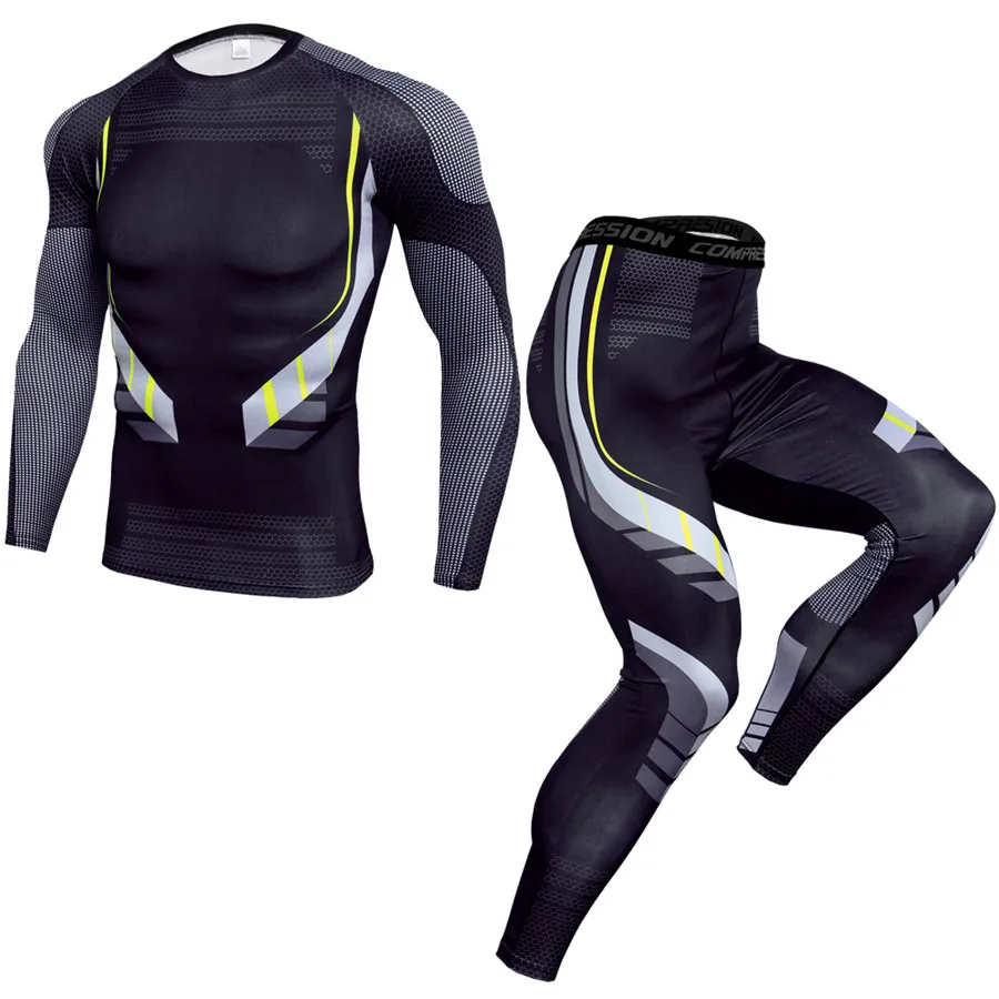 Тренировочный камуфляж колготки мужские спортивные костюмы обтягивающие комплект для бега мужские 2 шт. быстросохнущая футболка+ спортивный костюм для бега - Цвет: A7 Sets