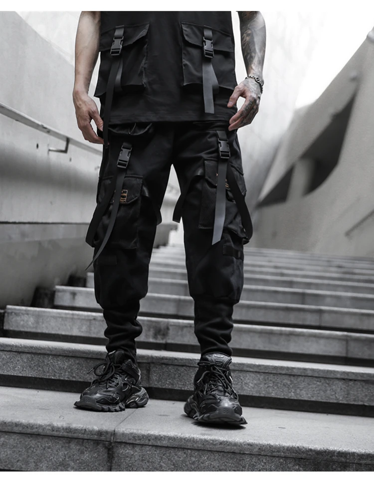 Men Cargo Pants Black Ribbons Casual Multi-Pocket 2020 Harem Joggers Harajuku