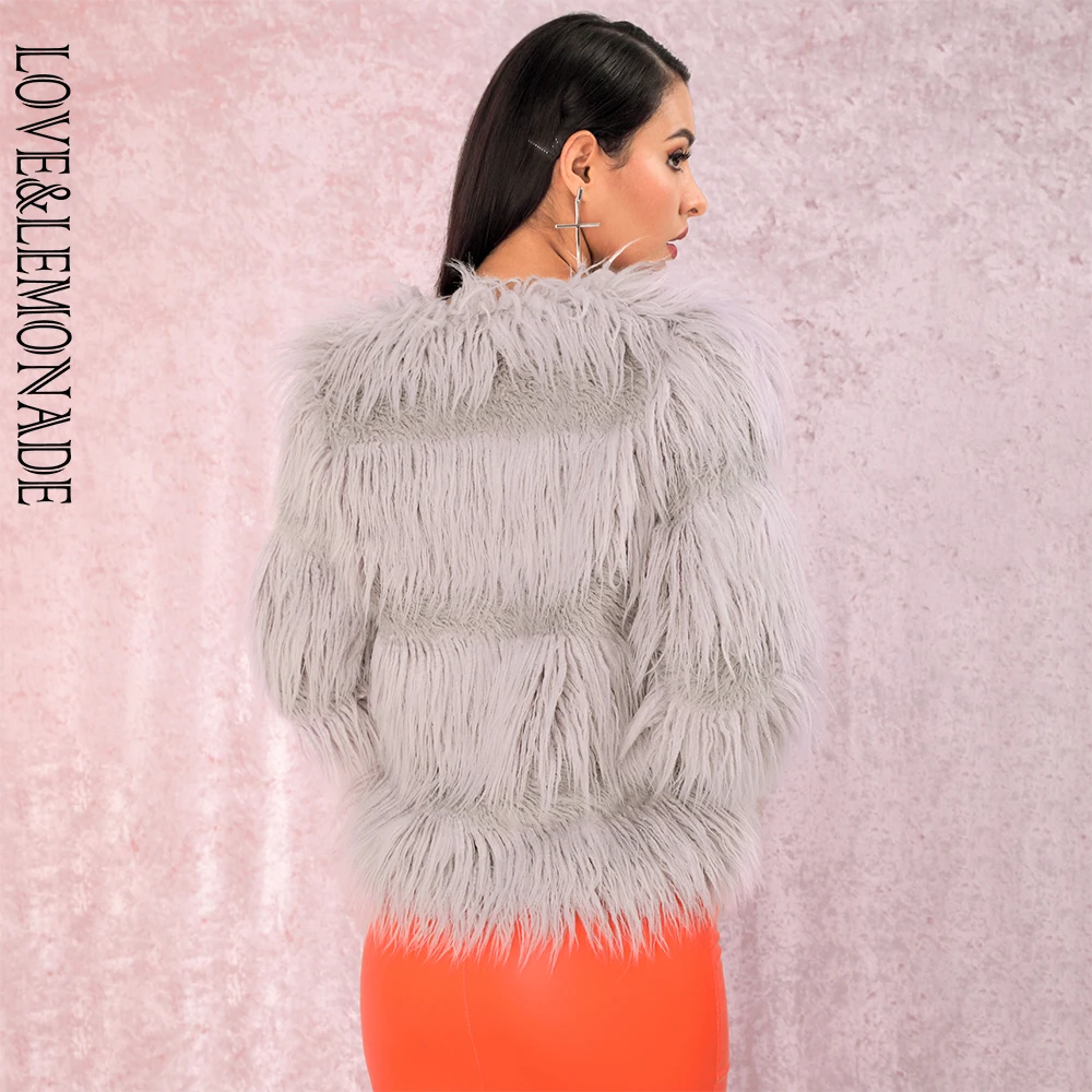 LOVE& LEMONADE сексуальное короткое пальто из искусственного меха в темную полоску с круглым вырезом LM90122 осень/зима