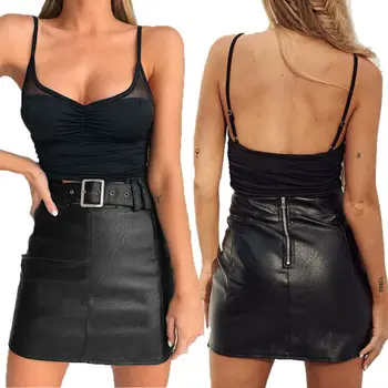 

Women PU Leather Sexy Mini Skirt Zip Up Bodycon Clubwear Casual Female Solid Black Slim Tight Pencil Skirts