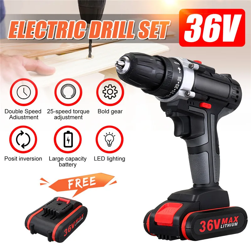 

36V 5000mAh Cordless Electric Drill Rechargeable Battery Double Speed LED Screwdriver 25-Speed Torque Adjustment