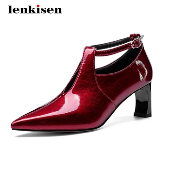 

Lenkisen european style natural leather fashion handmade pointed toe high strange heel buckle straps beauty lady women pumps L22