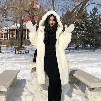Норка весь мех Женская длинная юбка пальто с капюшоном зимняя Толстая теплая женская Норковая Меховая куртка - Цвет: white