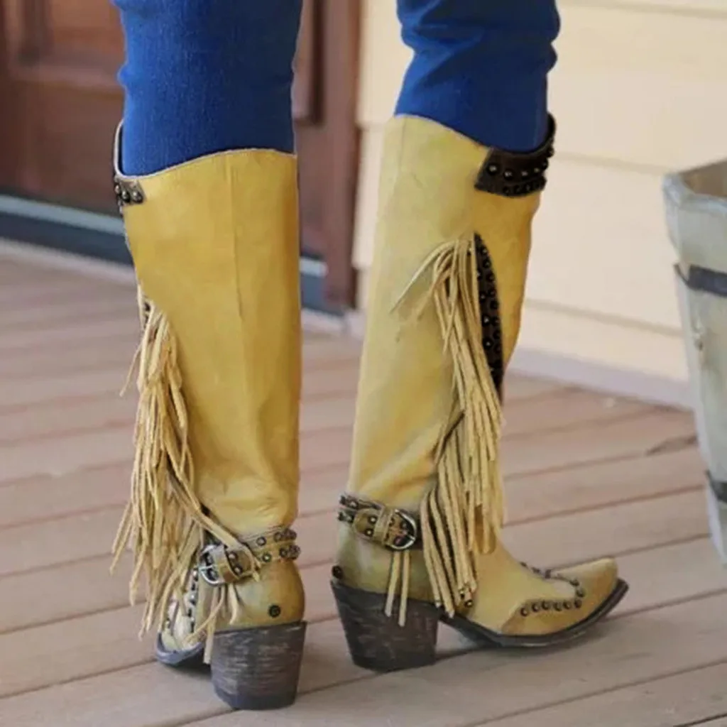 Западное Родео/удобные ботинки на молнии с квадратным носком, на низком каблуке, без шнуровки рыцарские сапоги на низком каблуке с бахромой в стиле ретро для отдыха женские высокие сапоги# Y