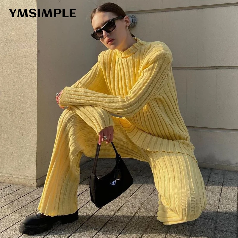 Fashion 2022 Spring 2 Pieces Women Sets Knitted Sweater Tracksuit Pullovers Wide Leg Pants Suits Black White Streetwear Outfits short suit set