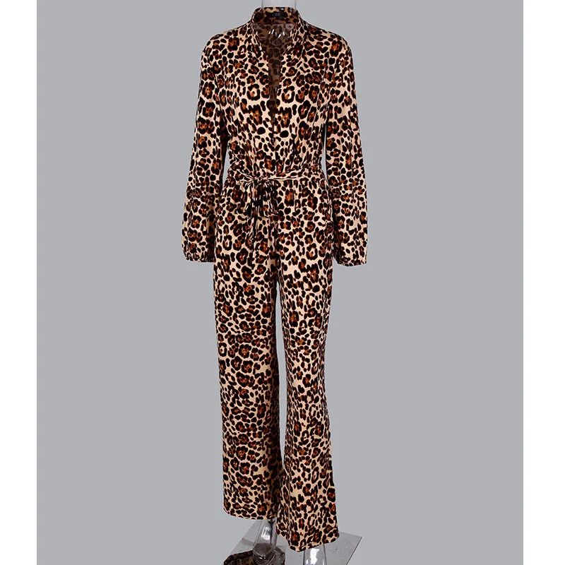 Sexy women romper Leopard Tied Waist Long Sleeve Jumpsuit Sexy women romper Leopard Tied Waist Long Sleeve Jumpsuit