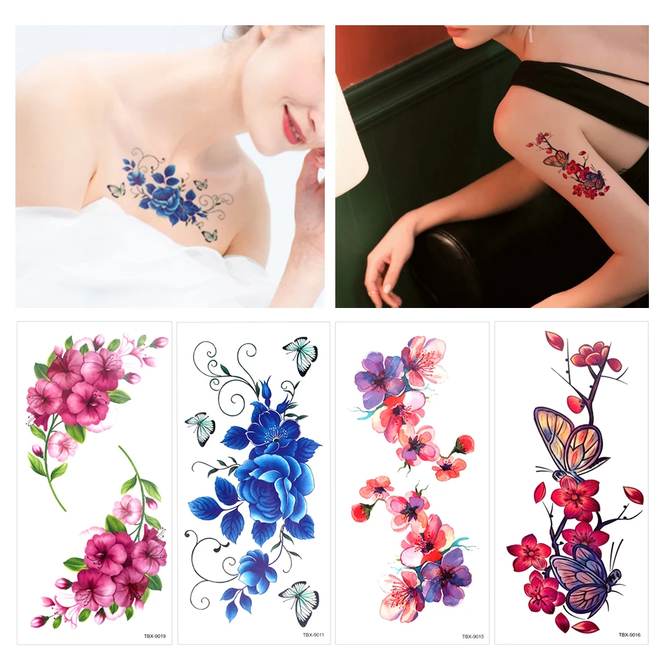 Tatuajes Temporales para niña y niña, calcomanías de tatuajes impermeables en color Negro, Rosa peonia flor, tatuajes DIY para hombro