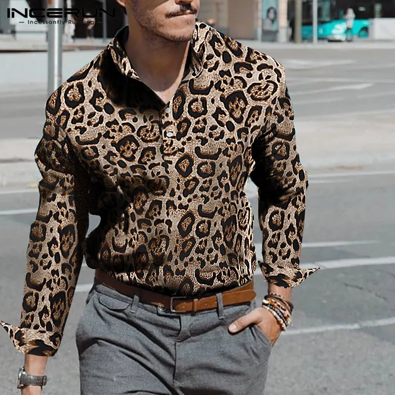 

INCERUN Leopard Print Men Shirt Long Sleeve High Street Stand Collar Chic Handsome Button Business Male Brand Shirts Camisa 2019