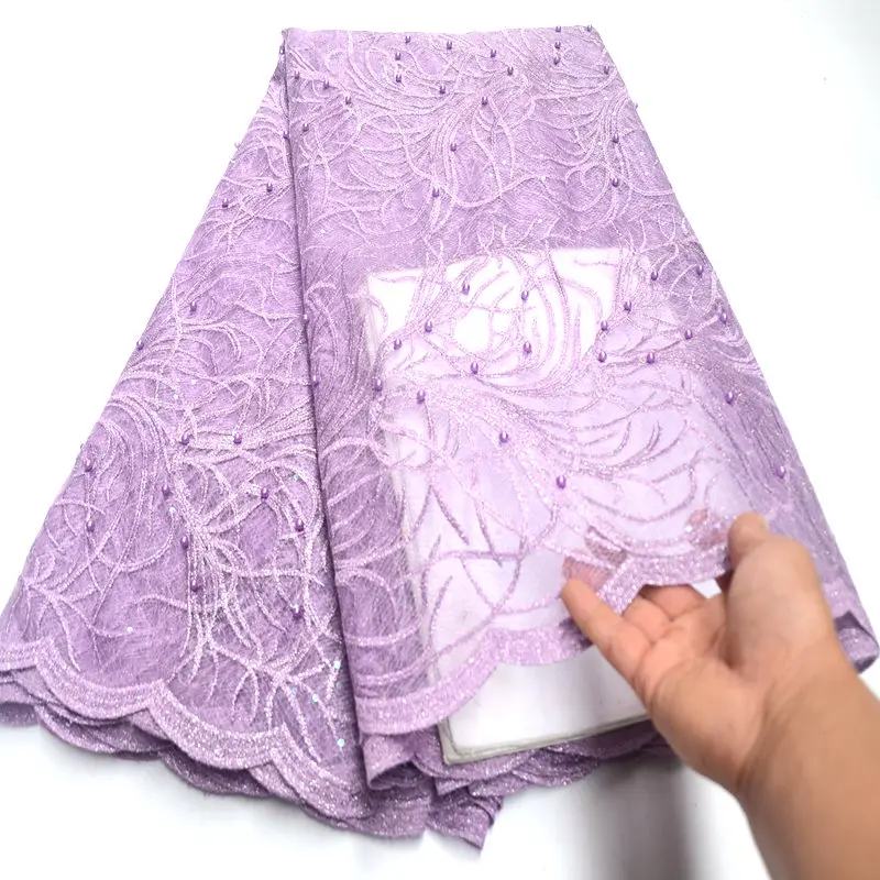 

Fashionable french net fabric unique flower Embroidered tulle fabric with beads and sequins for sexy dress High quality Wo344