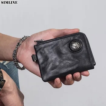

2020 Genuine Leather Wallet Men Male Short Vintage Handmade Small Slim Card Holder Case Change Purse Zipper With Coin Pocket Bag