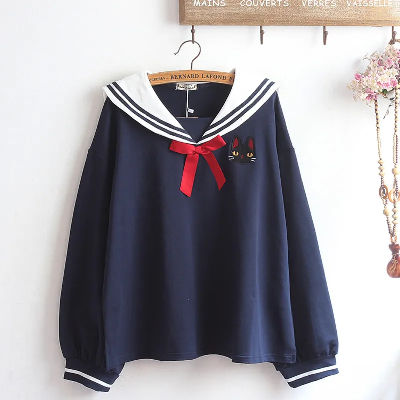Navy Blue Сейлор Мун женские толстовки Японский свитер SudaderaCute кружева галстук бабочка вышивка Луна кошка пуловер Толстовка WXC - Color: Navy Blue