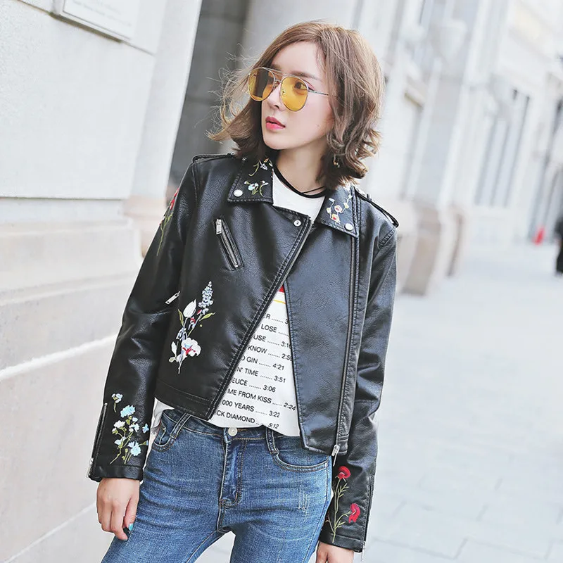 new women Korean version of the motorcycle clothing leather jacket short section ladies jacket embroidery pu leather