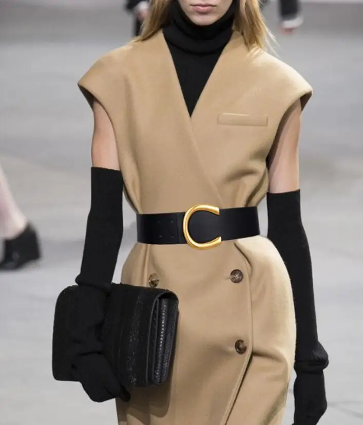 女性のためのヴィンテージスタイルのバックルベルト,新しいデザインの黒のウエストバンド,大きな茶色のpuレザーの衣服