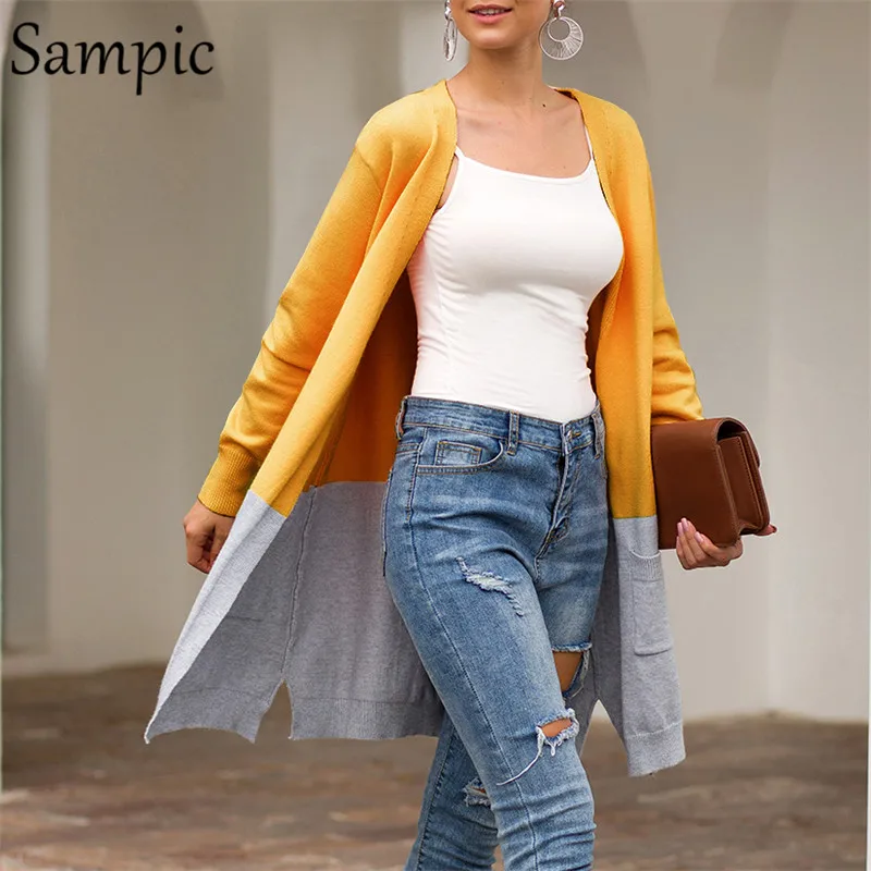 

Sampic Long Sleeve Cardigan Women Sweater knitted Pocket Casual Loose Long Cardigans Patchwork Pink Yellow Woman Winter Sweater