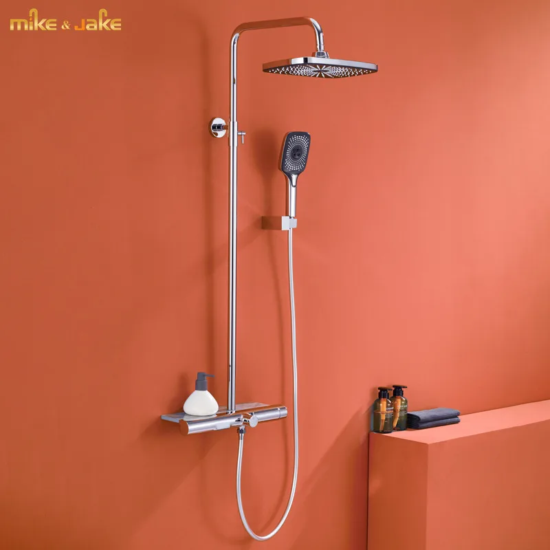 

Chrome brass bathroom shower mixer with marble shelf shower set classic design chrome brass shower kit rainfall shower set