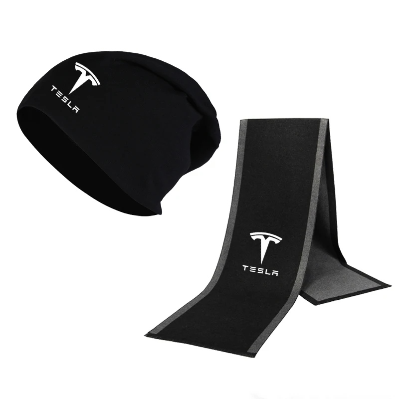 Зимняя Шапка-бини с логотипом Tesla, мужская шапка, шарф, однотонный теплый хлопковый шарф, шапка, набор, мужская и женская спортивная шапка, шарф, комплект из 2 предметов