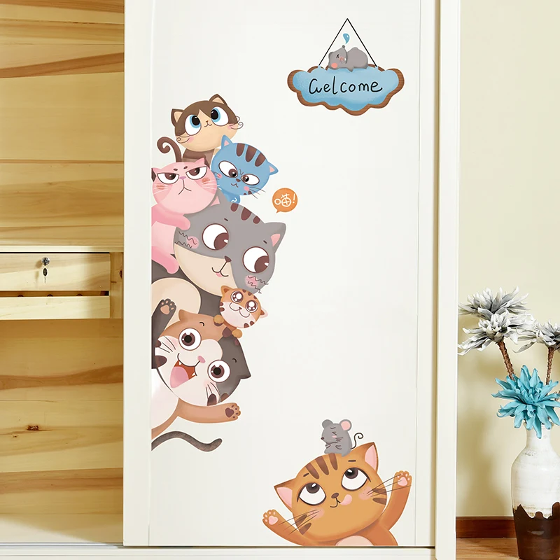 

[shijuekongjian] Cartoon Cats Wall Stickers Vinyl DIY Animal Wall Decals for Kids Room Kindergarten Wardrobe Door Decoration