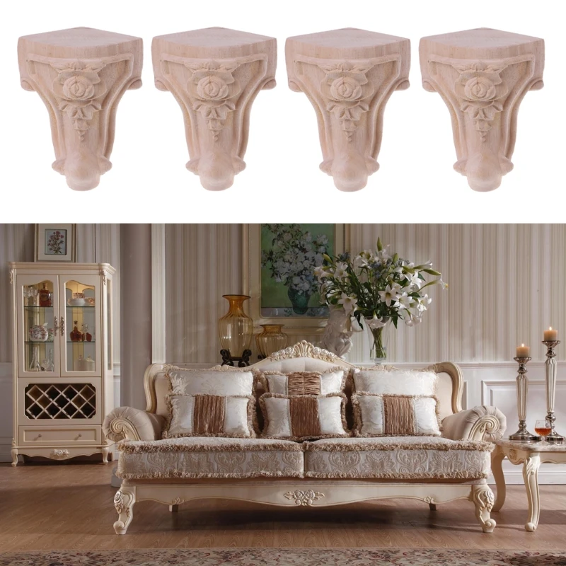 2021 New Wooden Furniture Legs Solid Wood Flower Carved TV Cabinet Seat Feet No Painting