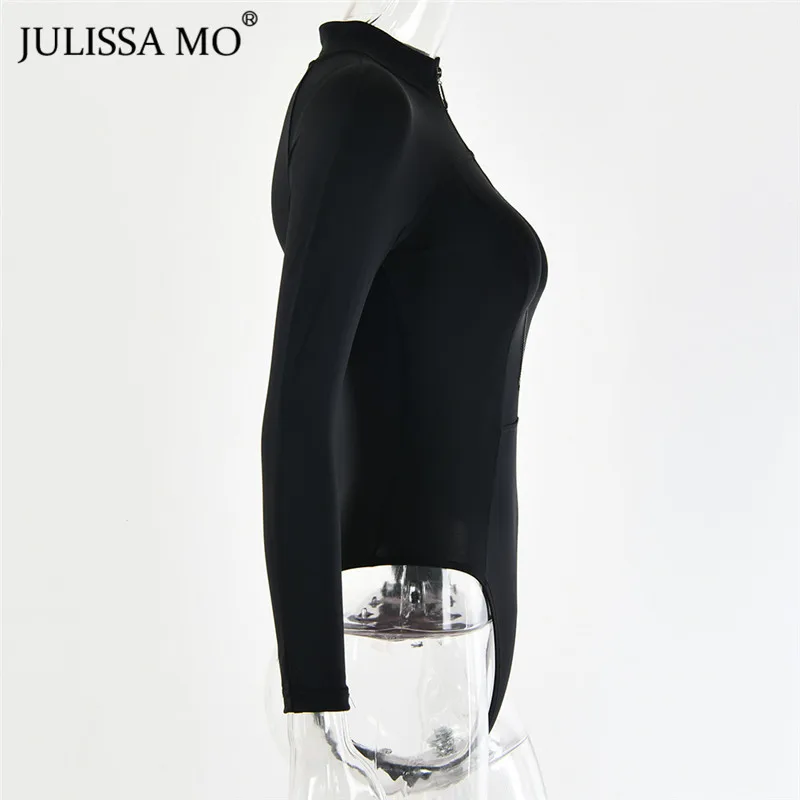 Julissa mo, черный облегающий боди с длинным рукавом, женские топы, модные базовые облегающие Комбинезоны на молнии,, Женский Повседневный эластичный комбинезон