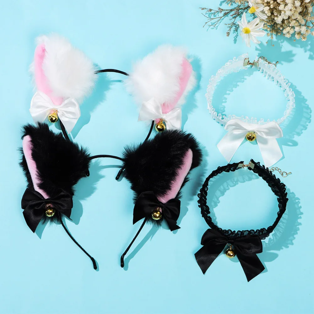 1Set Cat Ear Headband With Bells Necklace Plush Furry Cat Ears Headwear Fancy Dress Hairband Women Girls Party Cosplay Headwear anime outfits