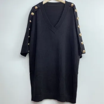 

Black Knit Dress Women V-neck Gold Buttons Half Sleeve Loose 2020 Autumn Winter New Female Dresses